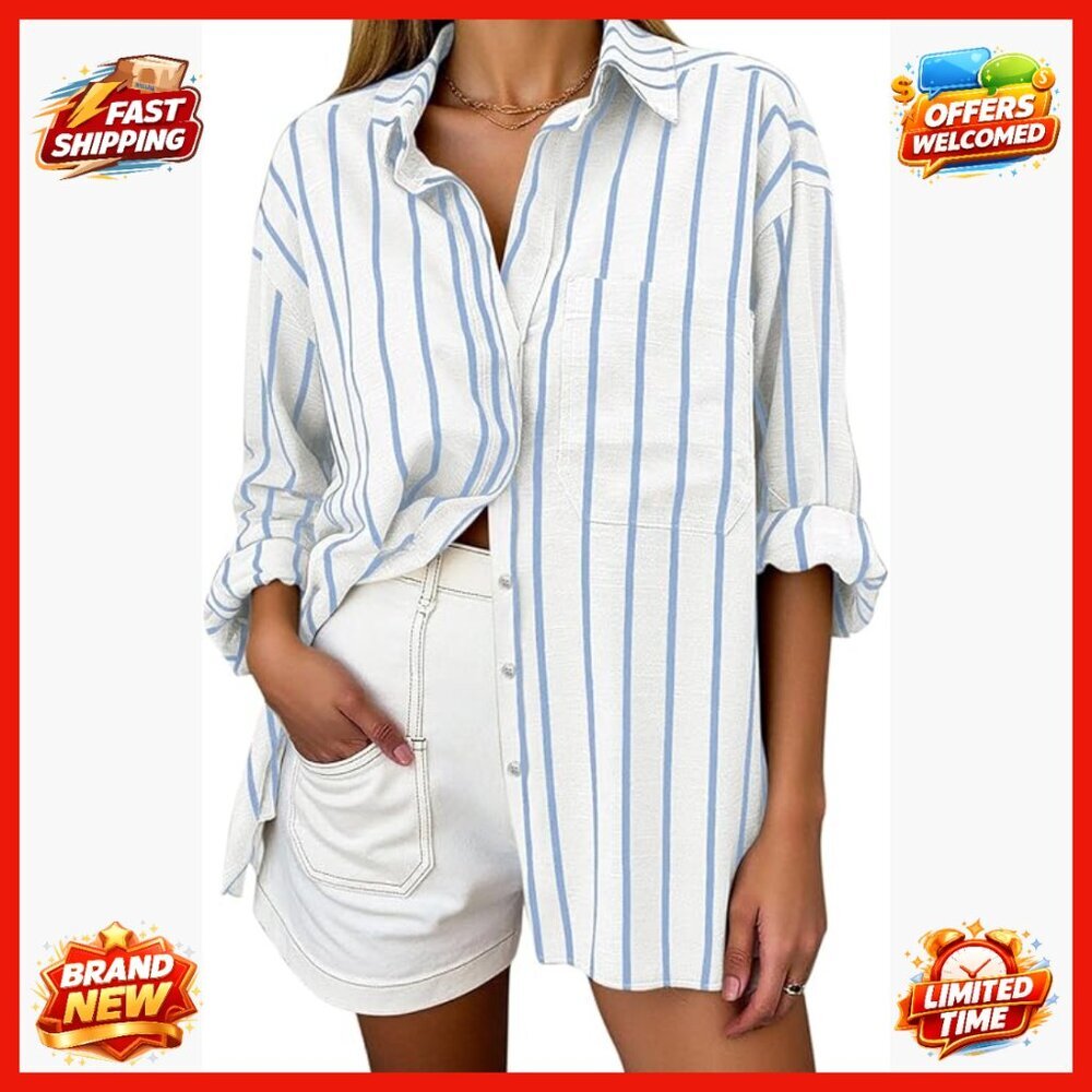 Oversized Linen Button Down Shirt Long Sleeve Collared Blouse with Pocket